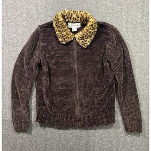 Spice Of Life Brown Chenille Coat Leopard Faux Fur Collar Zip Up Small